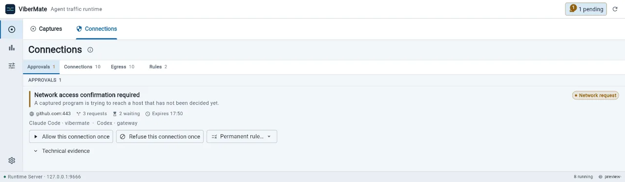 A pending network access approval for github.com in ViberMate
