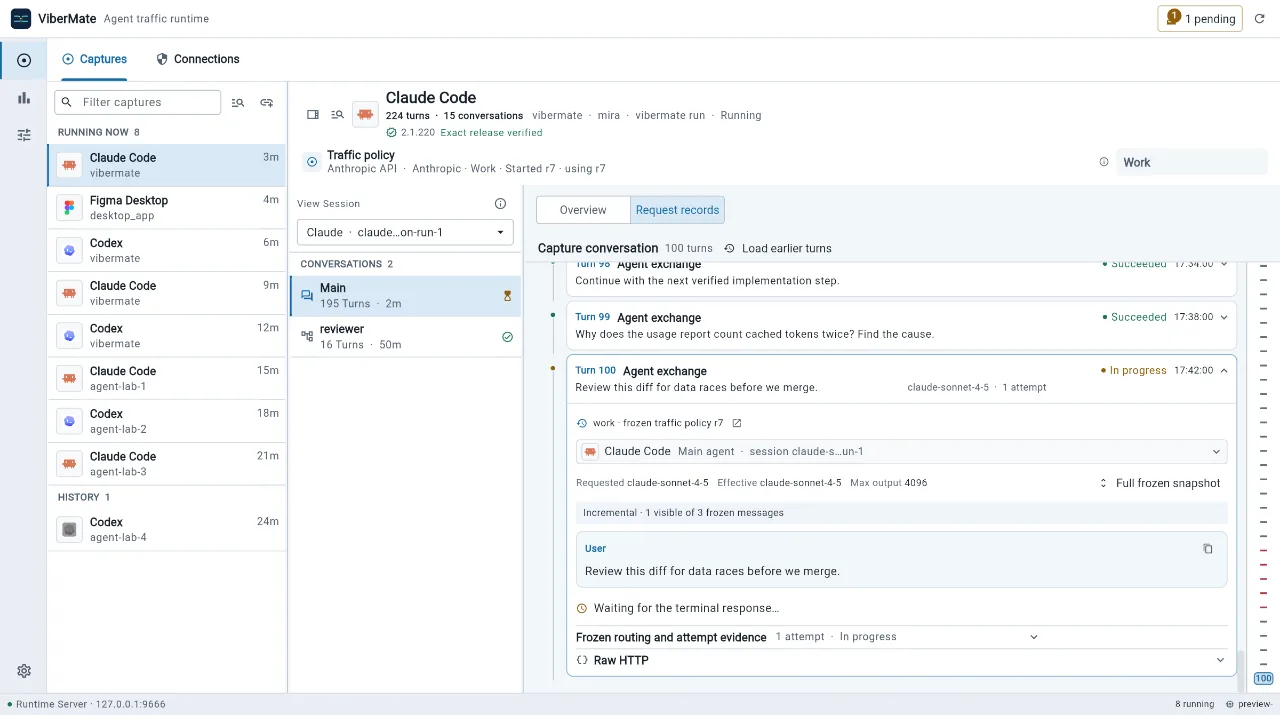 A Claude Code session in ViberMate with its conversation shown turn by turn