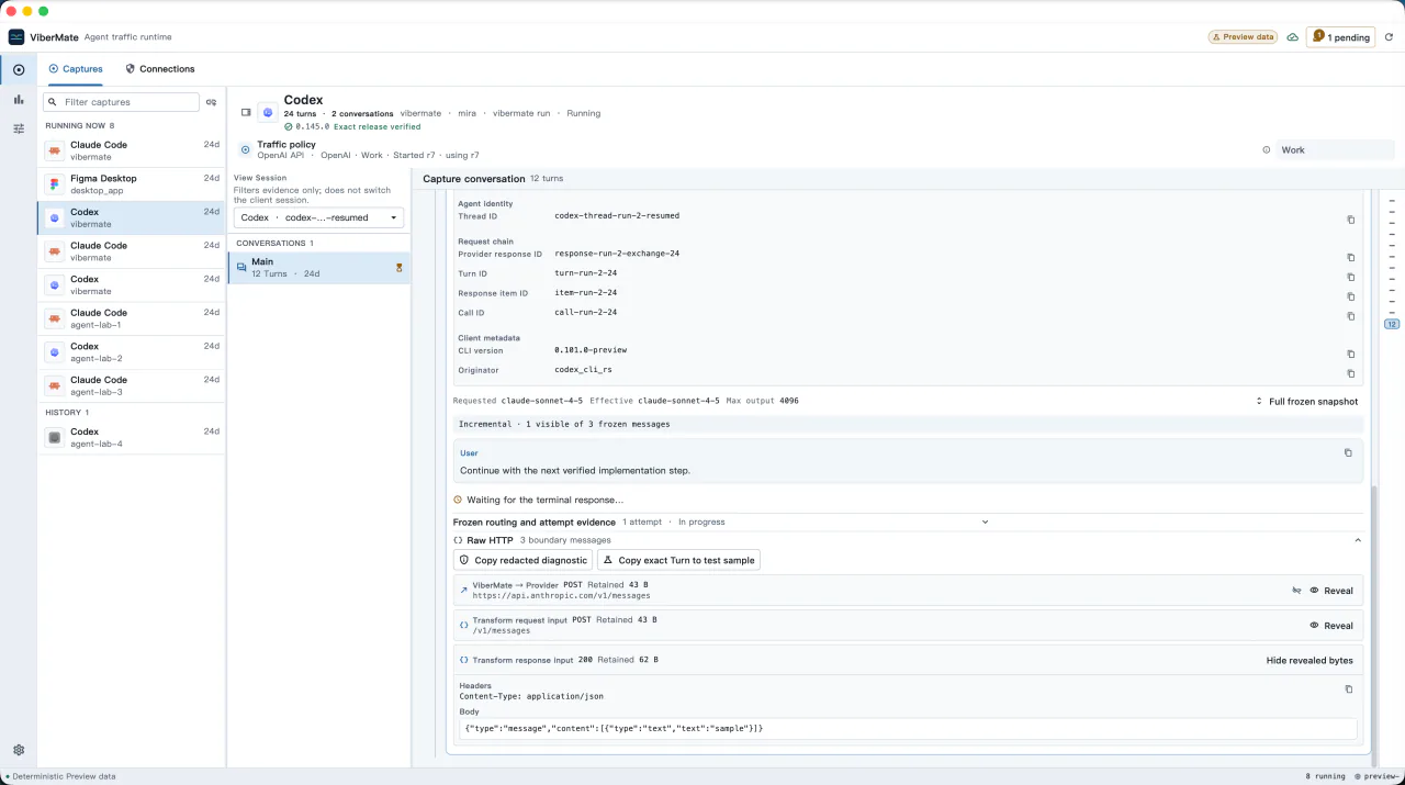 Expanded ViberMate Turn showing frozen routing evidence and retained raw HTTP boundaries