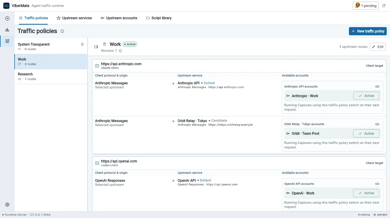 The Work traffic policy routing Anthropic and OpenAI requests to chosen accounts