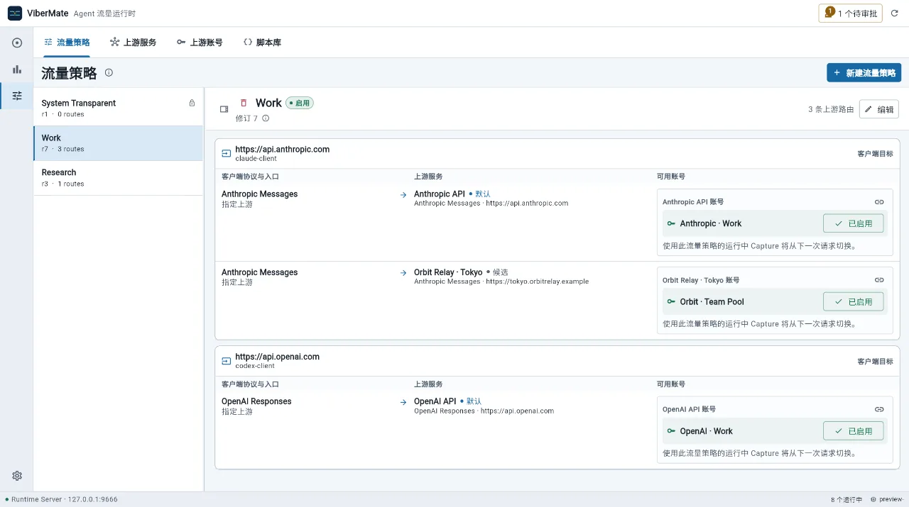 Work 流量策略把 Anthropic 与 OpenAI 请求路由到选定的账号