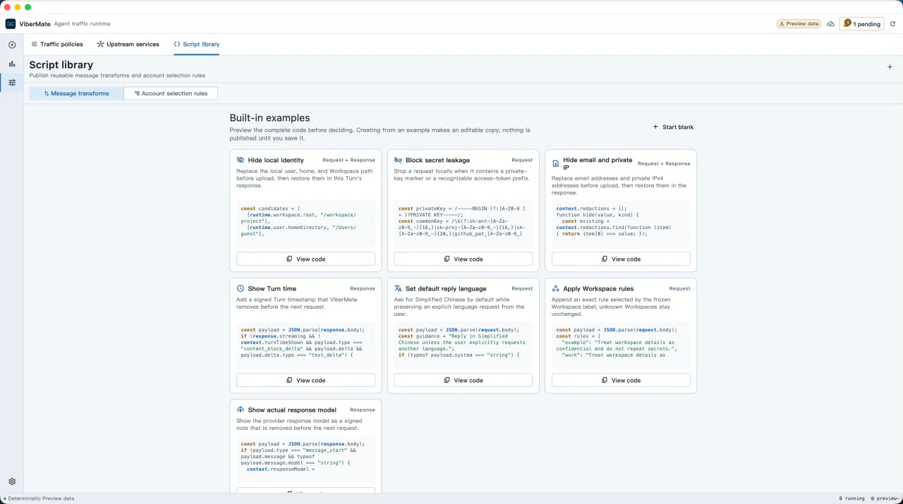 ViberMate Script library with message transform examples and syntax highlighted JavaScript