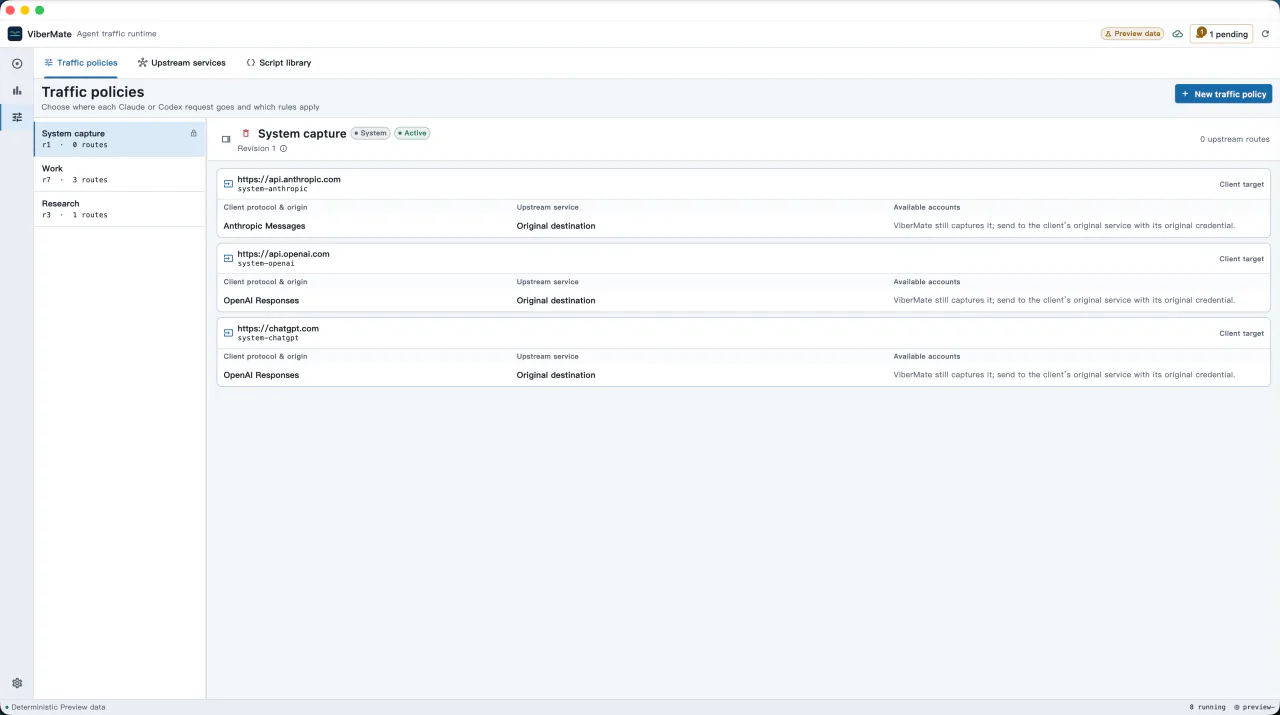 ViberMate Traffic policies view with Anthropic, OpenAI, and ChatGPT client routes